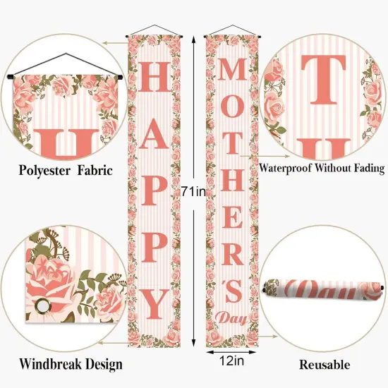 Happy Mother's Day Porch Banner I Love Mom Pink Rose Floral Holiday Party Front Door Sign Wall Hanging Banner Decoration {5}