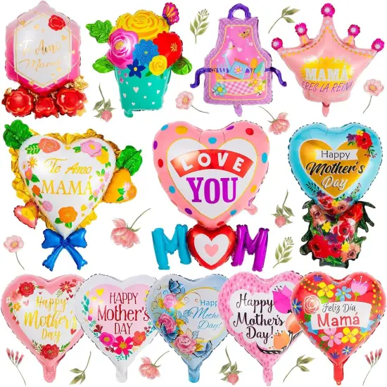 12 Pcs Mother's Day Foil Balloons, Happy Mom Mama Balloons, Mother's Day Heart Mylar Balloon for Best Ever Mom Party Birthday Decorations Supplies {1}