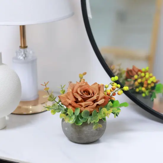 Small Artificial Flowers Potted Plant Fake Flower Realistic Silk Orange Rose and Greenery with Vase for Table Decor Centerpiece Bathroom Office Desk Shelves Room Decorations (R-Orange) {4}
