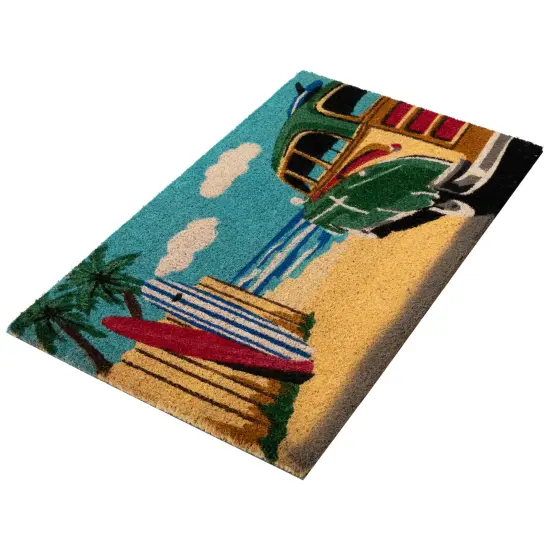 Northlight Retro Car on Beach Rectangular Coir Door Mat 18" x 30" Blue {6}