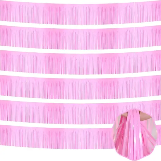 6 Pack 10 Ft Macaron Pink Foil Fringe Garland Metallic Tinsel Streamers Banner Wall Hanging Curtain Backdrop for Parade Floats, Christmas Day, Thanksgiving Day, Halloween, New Year Party Decoration {1}