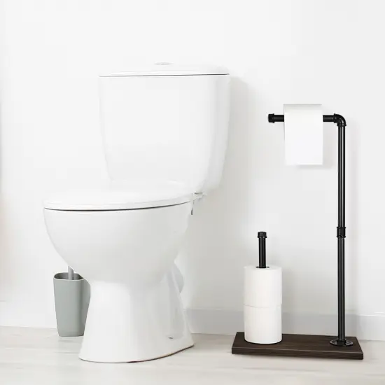 Free Standing Toilet Paper Stand Rustic Industrial Bathroom Organizer with Wooden Base & Matte Iron Black Finish &ndash; 3-Roll Storage, No-Drill Installation {6}