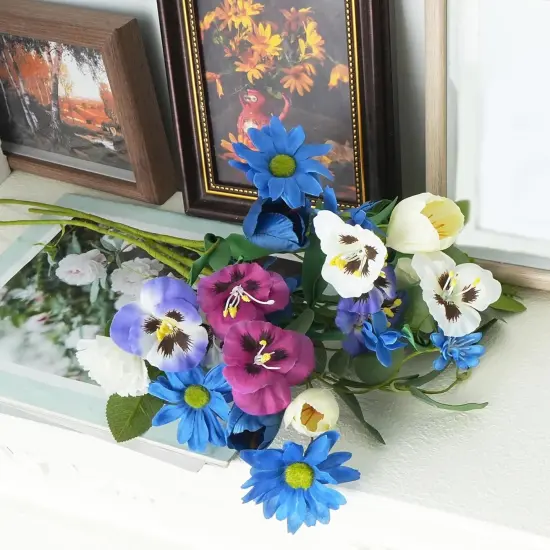 6 Pcs Spring Flower Bouquet Fake Tulips Wildflower Pansy Artificial Flowers {3}