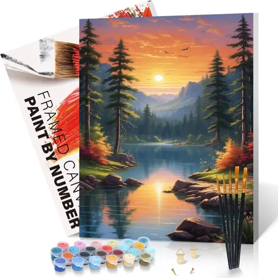 Paint by Numbers Kit for Adults Framed Canvas - 16x20 Inch Lake Landscape Adult Paint by Number Kits with Frame, Sunset DIY Acrylic Framed Canvas for Painting Kits for Adults with Gift Box {1}