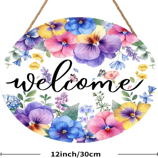 Pansy Flowers Butterfly Wooden Sign 12"x 12" Round Spring Hanging Door Sign Decoration {2}