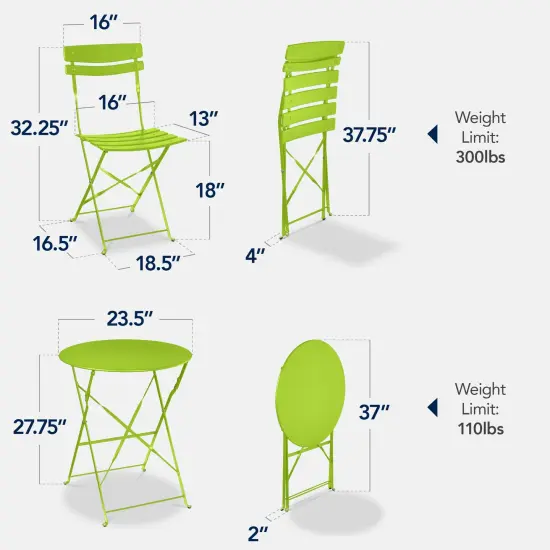 Best Choice Products 3-Piece Small Bistro Set, Folding Patio Furniture Set of 2 Chairs and Table Lime Green {2}