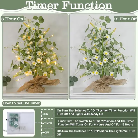 Spring Easter Decorations, 22 Inch Artificial Tabletop Tree, Fake Silk Floral White Daisy Eucalyptus Lavender Flowers Linen Base Timer 20 LED Warm Light, Easy DIY Home Party Table Summer Holiday Decor {4}