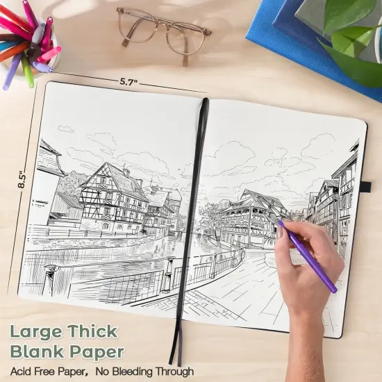 Blank Notebook, Hardcover Sketch Book, 8.5 x 5.5 Large Blank Journal, No Bleed Thick Paper Sketchbook for Drawing, Unlined Notebook Journal for Women Men School, A5 Leather Sketchbook, Lay Flat {2}