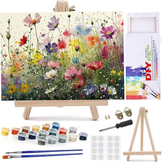 Paint by Numbers Kit for Adults Beginners 8Wx12L inch Canvas Pictures with Framed Drawing Painting Works with Wooden Triangle Easel Acrylic Pigment Flower {1}