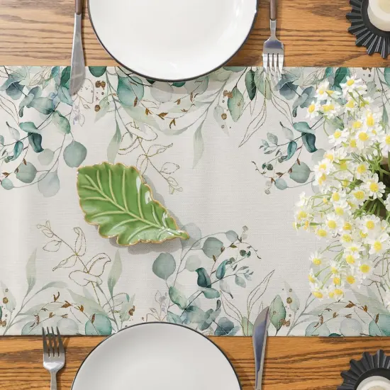 Spring Summer Table Runner, Spring Summer Decorations Off White Eucalyptus Leaves Green Table Runner Seasonal Summer Decor for Home Holiday Party Decor Dining Table Decoration (13" x 72") {5}