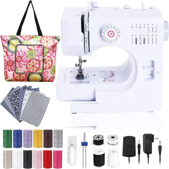 Sewing Machine for Beginners, Electric Mini Portable, 14 Built-in Stitches with Reverse Sewing, 2 Speeds Double Thread with Foot Pedal, Storage Bag, Cotton Fabric and Threads (White) {1}