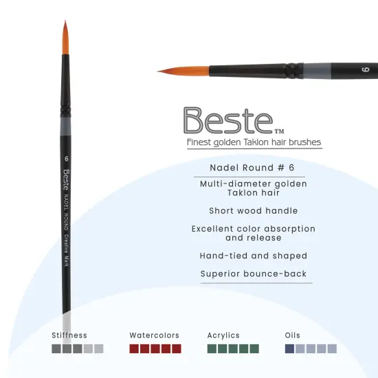 Creative Mark Beste Golden Taklon Nadel Round, #6 Artist Paint Brush, Professional Watercolor Brushes, For Acrylic Painting, Short Handle, Sharp Edges, Hand-Tied & Shaped {3}