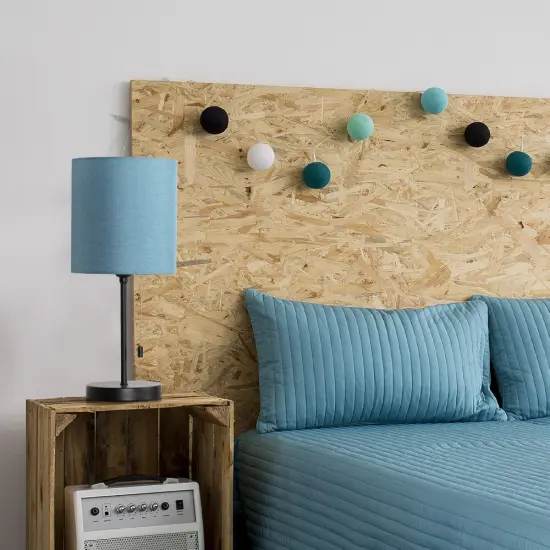 Black Modern Table Lamp, Simple With Blue Fabric Shade, Pull Chain Switch {5}