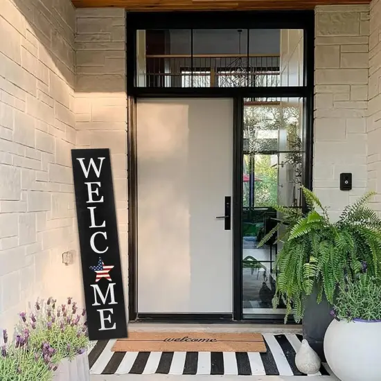 Interchangeable Wooden Porch Welcome Sign with 12 Interchangeable Icons 45"X9" Large Standing Hanging Seasonal Home Decor for Porch Wall Yard Decorations (Black) {5}