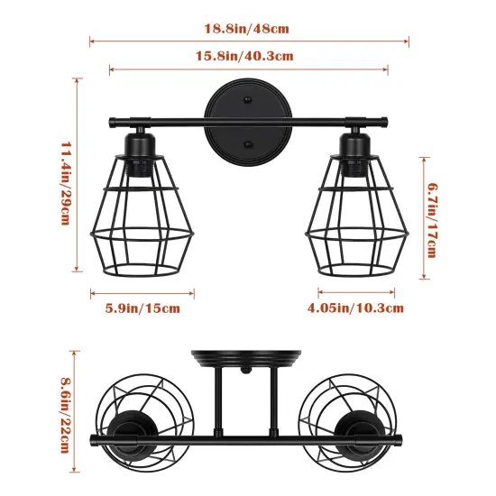 2-Light Industrial Vanity Light Rustic Wall Sconce for Bathroom, Farmhouse, or Kitchen Durable Metal Fixture with Adjustable Lighting, Easy Installation {2}