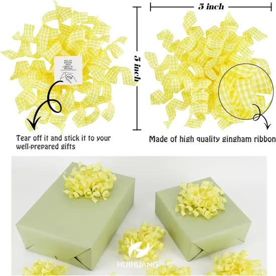 Yellow Bows for Gift Wrapping Self Adhesive Gift Bows Plaid Curly Ribbon Bow for Presents, Treat Bags, Party Favors, Holiday Easter Decor, Wrapping Accessories -5 inch x 8 Counts {2}