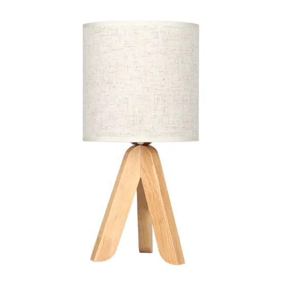 Small Bedside Table Lamp Wooden Tripod Nightstand Lamp with Fabric Linen Shade {1}