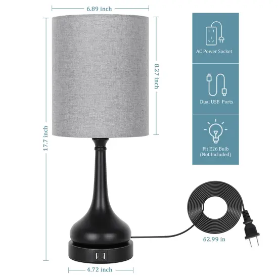 2PCS Table Lamp Bedside Lamp Touch Control 2 USB Ports for Bedroom Living Room {2}