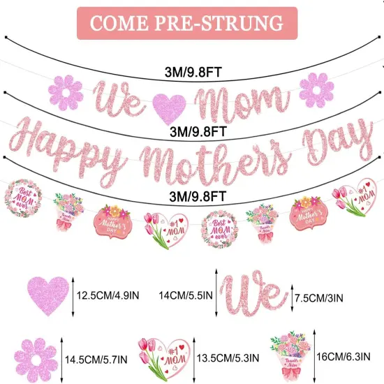 Glittery We Love Mom Happy Mother's Day Banner with Heart Flowers Rose Gold {2}