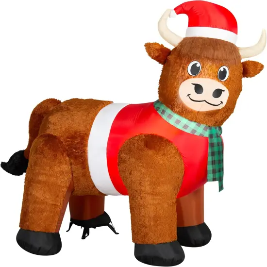 6.5' Gemmy Airblown Inflatable Christmas Mixed Media Fuzzy Highland Cow w/ Santa Hat Yard Decoration 885190 {1}
