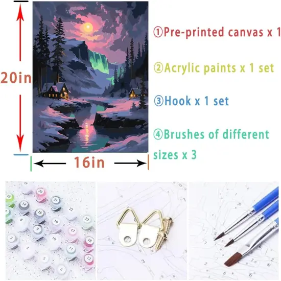 Snow Mountain Paint by Numbers Kit for Adults Beginner Waterfall Adult Paint by Number Kits On Canvas River Cabin Oil Painting Kit for Adults Kits for Gift Home Wall Decor 16x20 Inch {5}