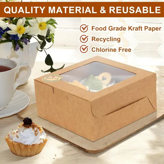 50 PCS Cupcake Boxes with Window Cupcake Containers 4 Count, Cookie Boxes 6x6x3 Inch, Bakery Pastry Cake Dessert Treat Boxes with Stickers & Jute Twine {5}