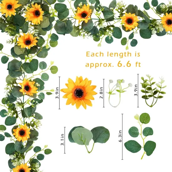 2 Pack Artificial Sunflower Garland, 6ft/Strand Silk Sunflowers Hanging Vines Flowers Garland with Green Leaves for Room Kitchen Garden Birthday Wedding Baby Shower Party Table Decor {2}