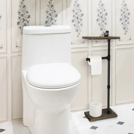 Vertical Industrial Toilet Paper Holder with Wooden Shelf Freestanding Bathroom Organizer for Paper Towels, Tissues, & Toiletries Rustic Tubular Design, 4-Roll Storage, Easy Assembly {5}