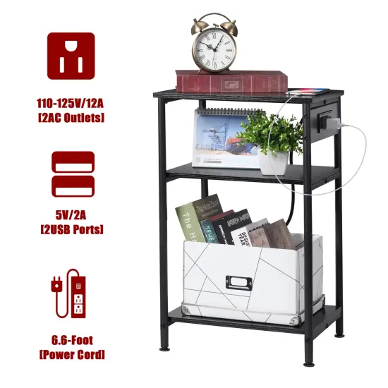 3-Tier Side Table with Built-in Power Outlet Modern End Table with Storage for Living Room, Bedroom, Office {3}