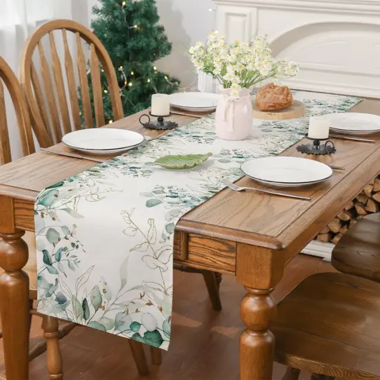 Spring Summer Table Runner, Spring Summer Decorations Off White Eucalyptus Leaves Green Table Runner Seasonal Summer Decor for Home Holiday Party Decor Dining Table Decoration (13" x 72") {2}