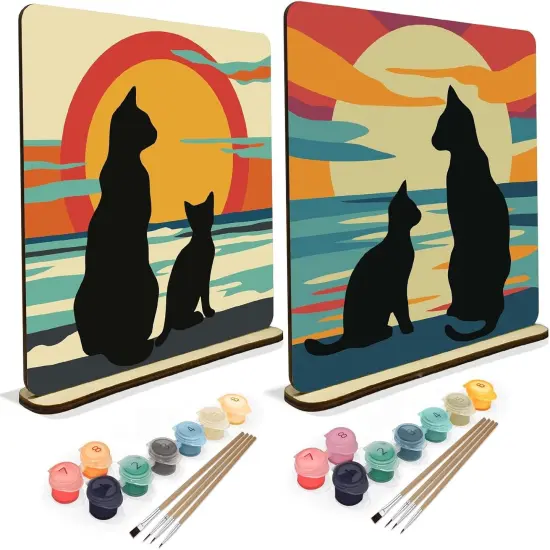 Black Cat Sunset Paint by Number on Wood Board {1}