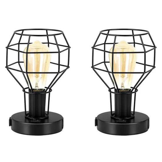 2PCS Industrial Steampunk Table Lamp Vintage Cage Bedside Light with Dual USB Ports & AC Outlet UL-Certified, Portable Nightstand Lamp for Small Spaces {1}
