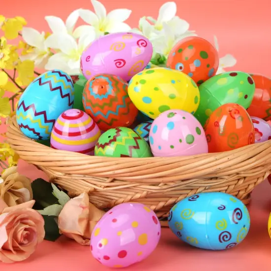 72 Pcs Plastic Printed Easter Eggs, 3.15" Tall Fillable Colorful Toys Easter Eggs Bulks for Easter Hunt, Party Favor, Basket Stuffers Filler {3}