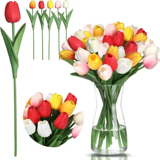 20 Pcs Artificial Flowers with Vase, 14 inch Faux Tulip Flowers Bouquet in Glass Vase {1}