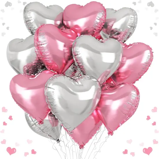 Pink Silver Heart Balloons, 18 Inch Pearl Pink and Silver Heart Shape Balloons, 12PCS Helium Mylar Love Foil Balloon for Birthday Baby Shower Engagement Wedding Party Decorations {1}