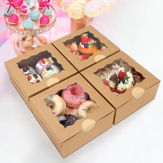 60 pcs Bakery Boxes with Window, 6 x 6 x 3 inches, Kraft Cookie Boxes Pastry Boxes for Baked Goods (Brown) {3}