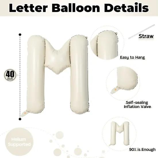 40 Inch Beige Mom Balloons for Mothers Day Decorations, Large Cream Mother's Day Mylar Foil Balloon Letter, Ivory White Sand Mom Alphabet Sign for Mama Birthday Baby Shower Party Decor Supplies {2}