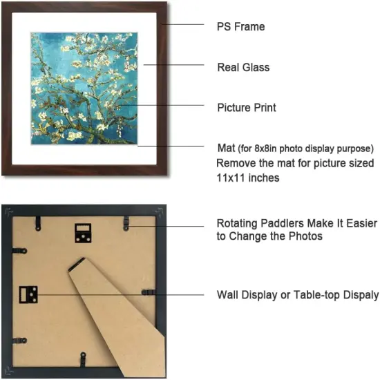 11x11 Picture Frame Set of 6 with Real Glass for Pictures 8x8 with Mat or 11x11 Without Mat, Wall Gallery or Tabletop display Photo Frames in Walnut {3}