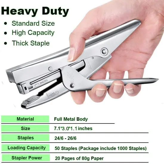 Plier Stapler Heavy Duty Office Stapler Hand Held 20-Sheet Stapler Papers Stapling Machine with 1000 Staples and Staple Remover Tool, Silver {3}