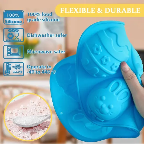 Easter Egg Molds Silicone 3.5 Inch, 2-Pack Chocolate Baking Holiday Mould, Non-Stick BPA Free, Kid-Friendly Soap Rabbit & Floral Designs, Blue & Pink {3}