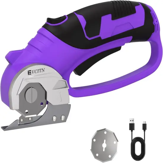 Cordless Electric Scissors, Cardboard Cutter with Replacement Self-Sharpening Cutter Blade and Safety Lock, Rotary Cutter with LED Light for Fabric, Carpet, Leather or Plastic, Purple {1}