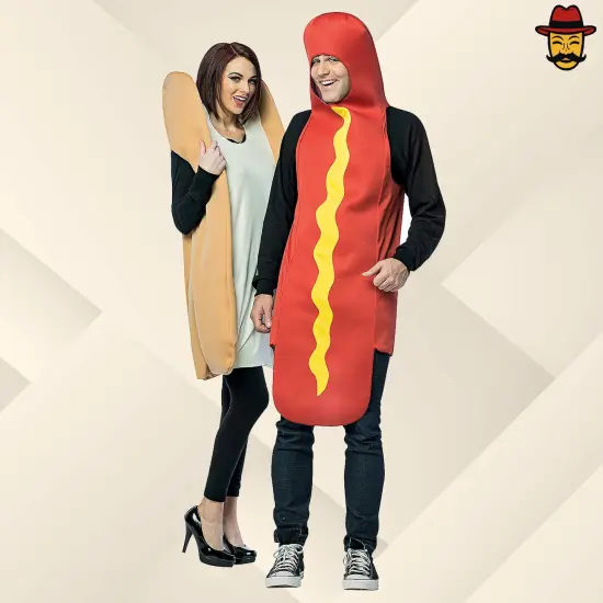 Hot Dog and Bun Couples Costume Set Funny Food Tunics Halloween Party Outfit {1}