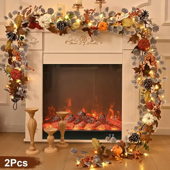 Fall Garland for Mantle, 6 Ft Fall Garland with Lights, Autumn Leaves Garland {3}