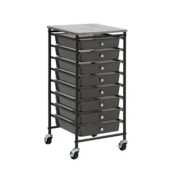 Wooden Top Compact Rolling Storage 8 Drawers Organizer Mobile Utility Cart Black {1}
