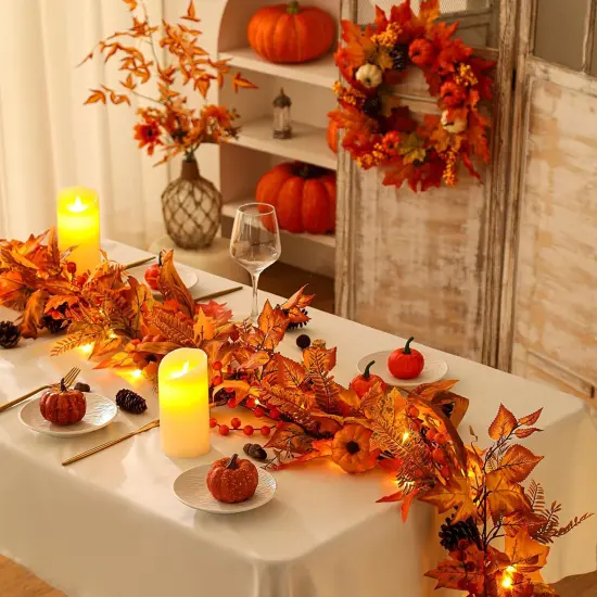 6ft Fall Maple Leaves Garland with Fern, Willow Stems, Berry, Pumpkins, pinecones {3}