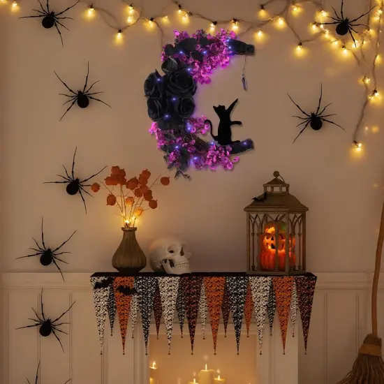 Black Halloween Door Wreath Cat Rose Moon - Black Moon {4}
