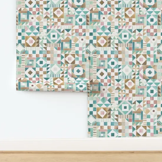 Peel & Stick Wallpaper 2FT Wide Watercolor Geometric Faux Tile Art Deco Square Checkered Patchwork Colorful Folk Cheater Quilt Traditional Classic Custom Removable Wallpaper by Spoonflower {2}