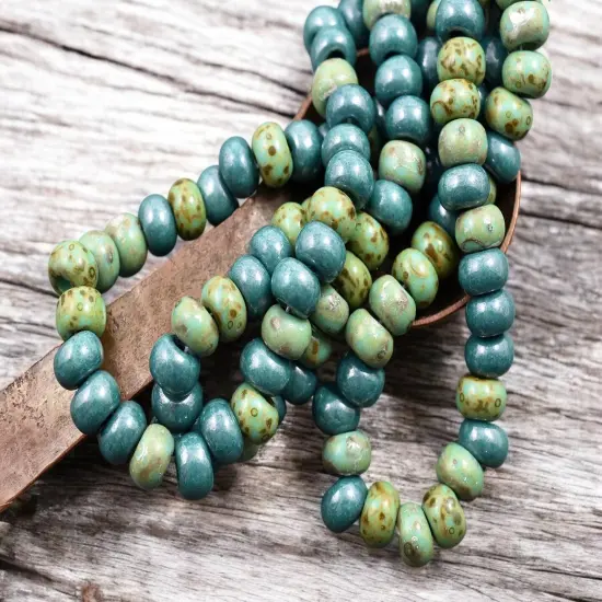 33/0 Aged Green Turquoise Picasso Seed Bead Mix (17" Strand) {2}