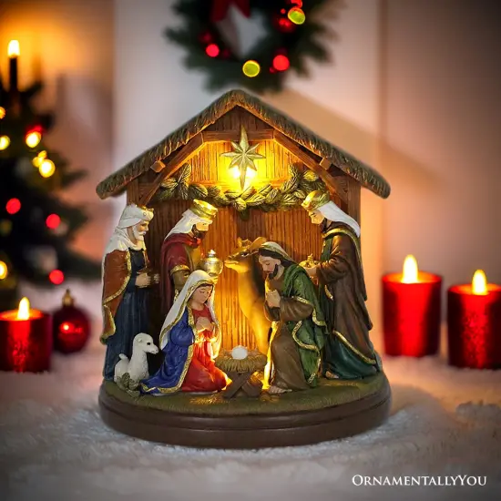 Radiant Nativity Scene Handcrafted Statue Figurine, 7" Birth of Jesus Christian Home Decoration {4}