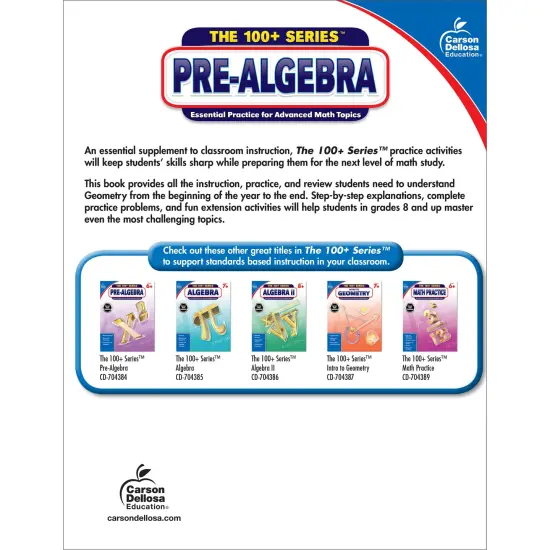 Carson Dellosa The 100 Series Pre Algebra Workbook, Math Book for Grades 6 and Up Covering Fractions, Decimals, Algebraic Expressions, and More, Classroom or Homeschool Curriculum {2}
